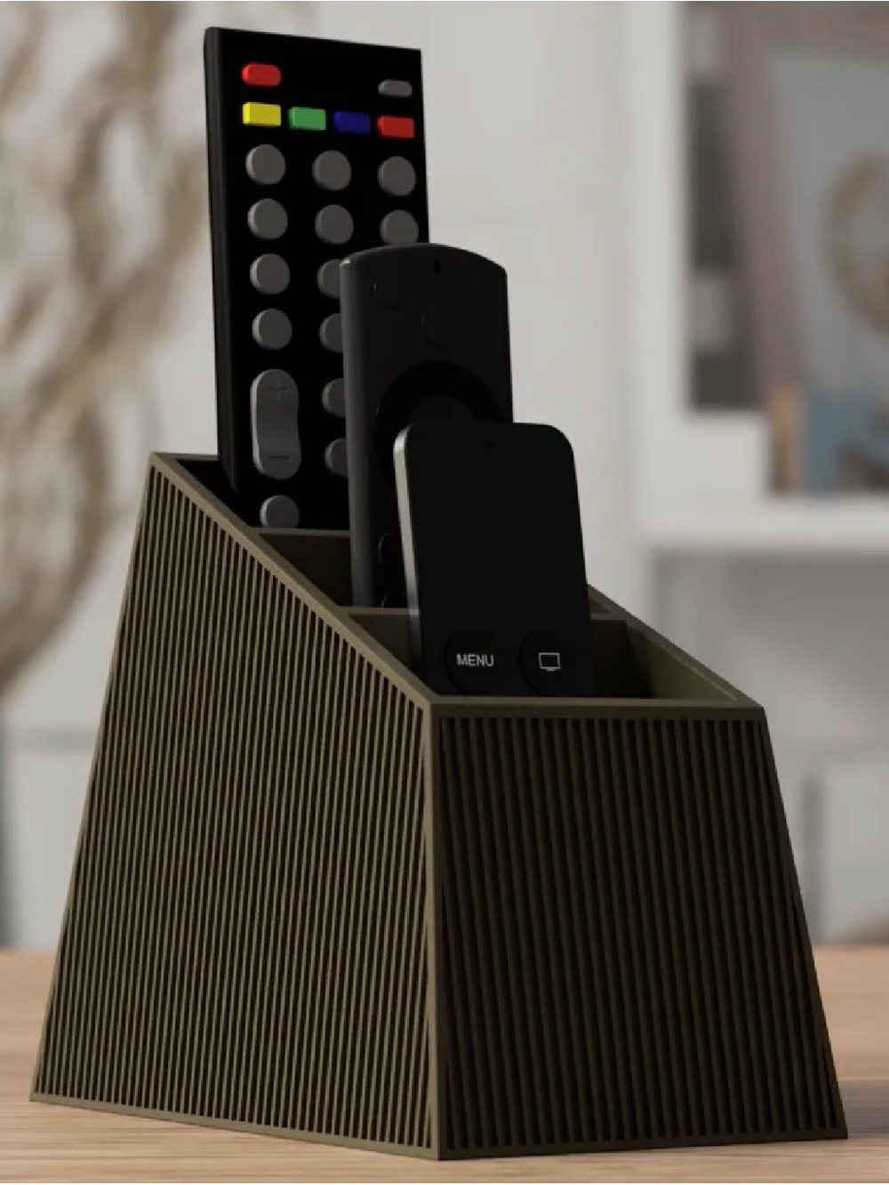 Modern Ribbed Remote & Phone Organizer in Olive Green